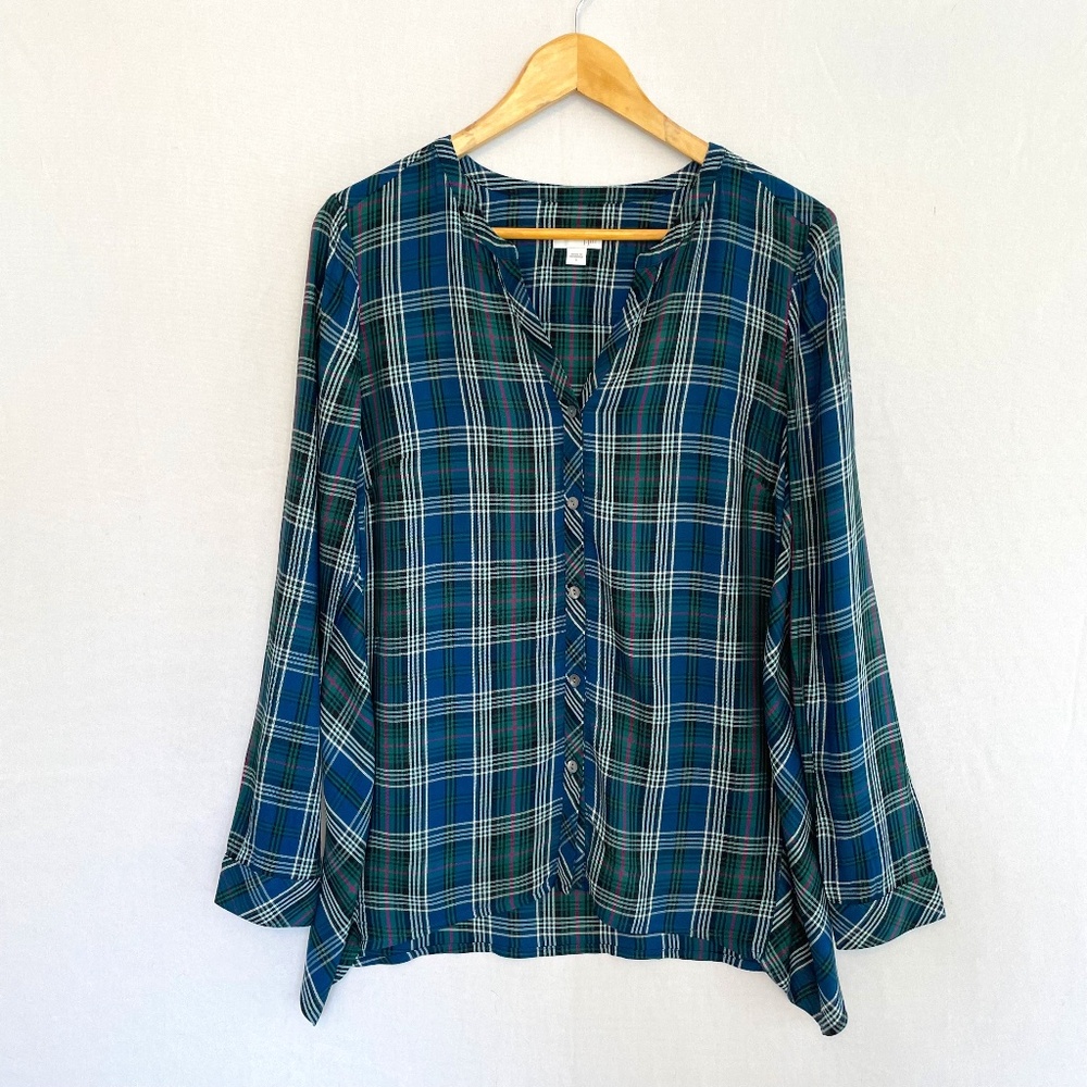 J. Jill Women's Women’s Small Hunter Green Tartan Plaid Collarless Button Tunic